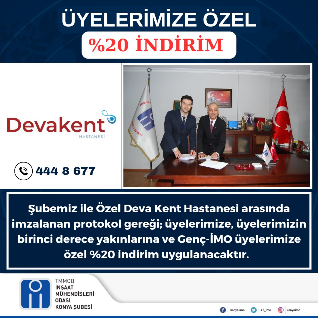 Şubemiz ile Özel Deva Kent Hastanesi arasında imzalanan protokol gereği; üyelerimize, üyelerimizin birinci derece yakınlarına ve Genç-İMO üyelerimize özel %20 indirim uygulanacaktır.  

#ÜyelerimizeÖzelİndirim