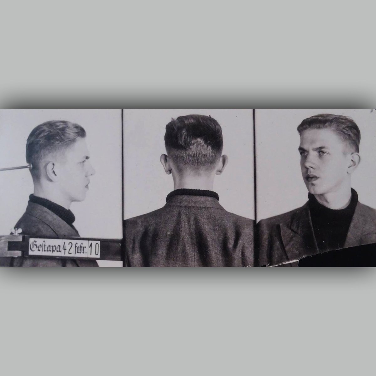 Gestapo photographs of Alfred W., an 18 year old telephone operator at S.S. head office in Berlin; arrested after being denounced by a sex partner. His youth likely saved his life, as remarkably he was only sentenced to 4 months in prison rather than a concentration camp.
