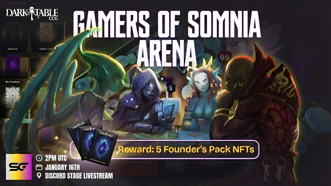 somniaGames_'s tweet image. Ready for another round of Gamers of Somnia: Friday Arena?

Join us on Discord to play @DarkTableCCG tomorrow, at 2 PM UTC ⏰

There will be a special appearance by the game Dev, @Doonamai!

Prize pool: 5 Founder's Pack NFTs 🏆

Reminder: the rewards are exclusive to players with