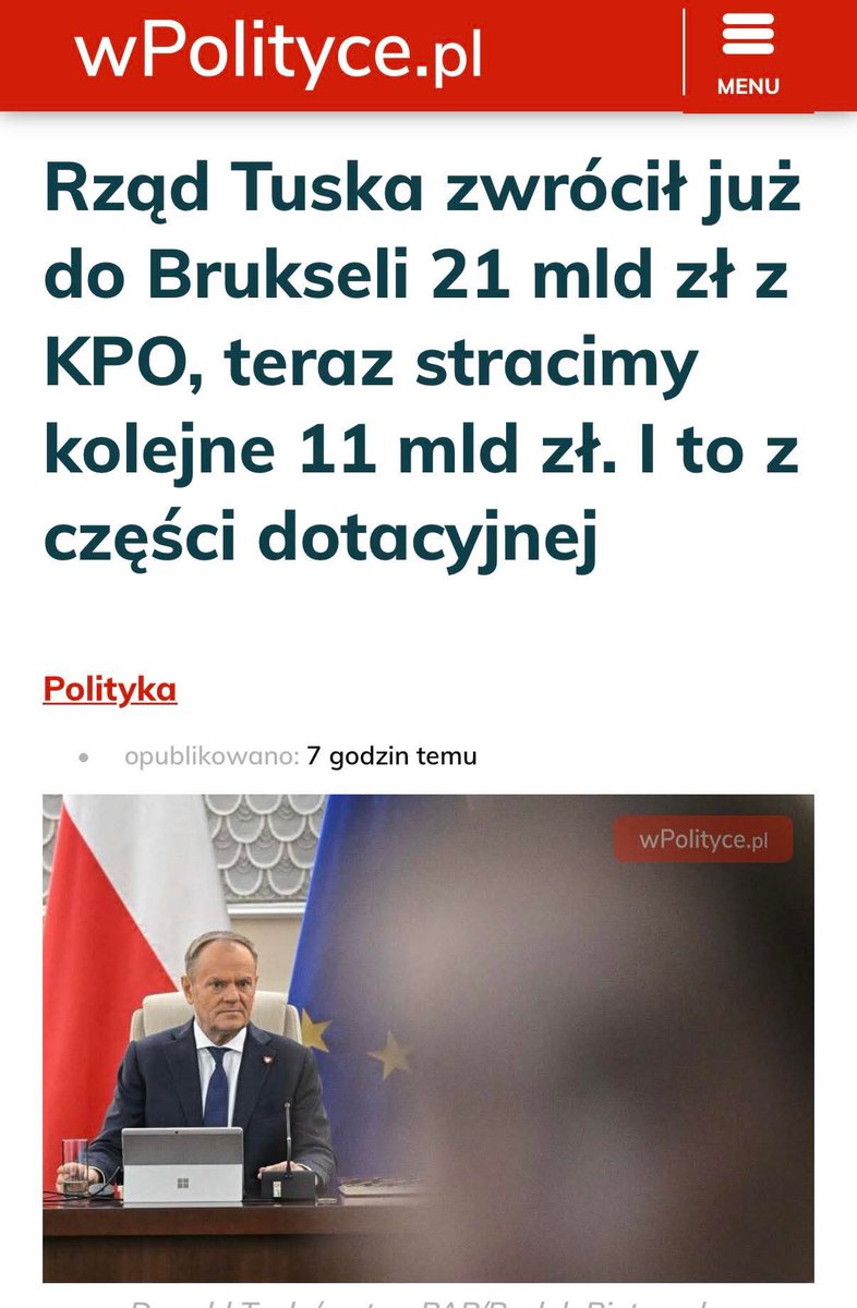 Rząd Tuska oddał już do Brukseli ponad 21 mld zł z KPO.
Najpierw po cichu zrezygnowano z 5,1 mld euro z części pożyczkowej, bo rząd nie potrafił tych środków wykorzystać.
Teraz Polska może stracić kolejne 11 mld zł z części dotacyjnej, czyli bezzwrotnej. 
Zwracamy, nie gadamy 🤡