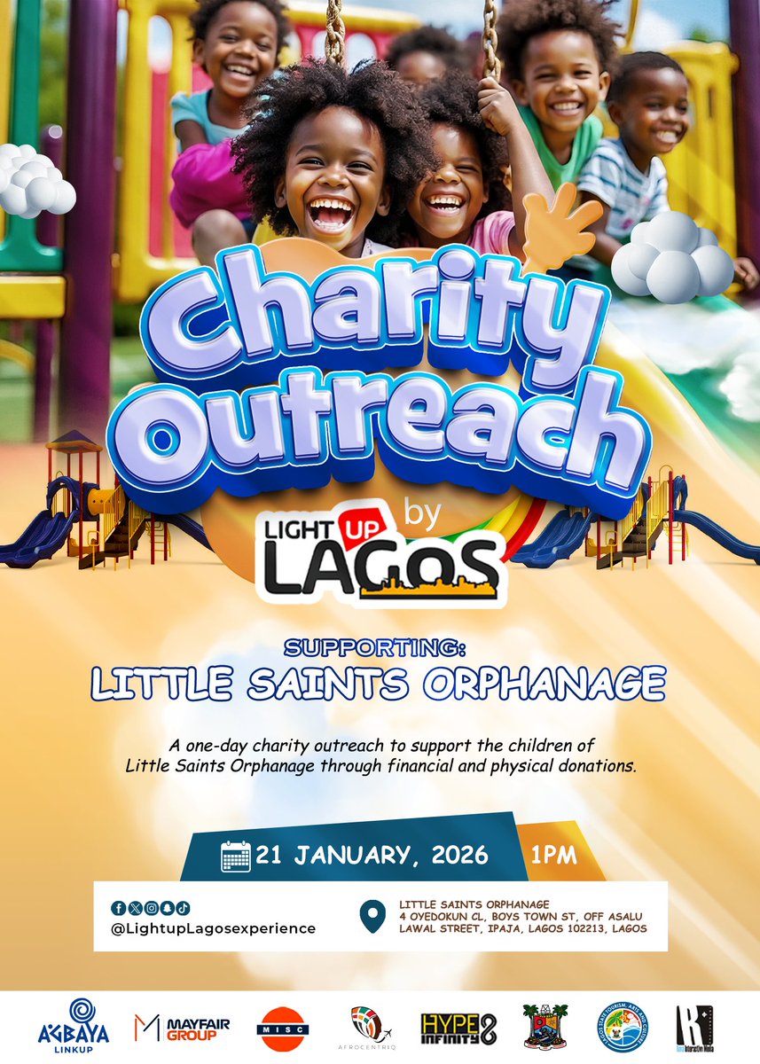 At Light Up Lagos, giving back is at the heart of what we do. 💛
On 15th January 2026, we’re coming together for a one-day charity outreach in support of the children of Little Saints Orphanage.

From financial contributions to physical donations, every act of kindness makes a