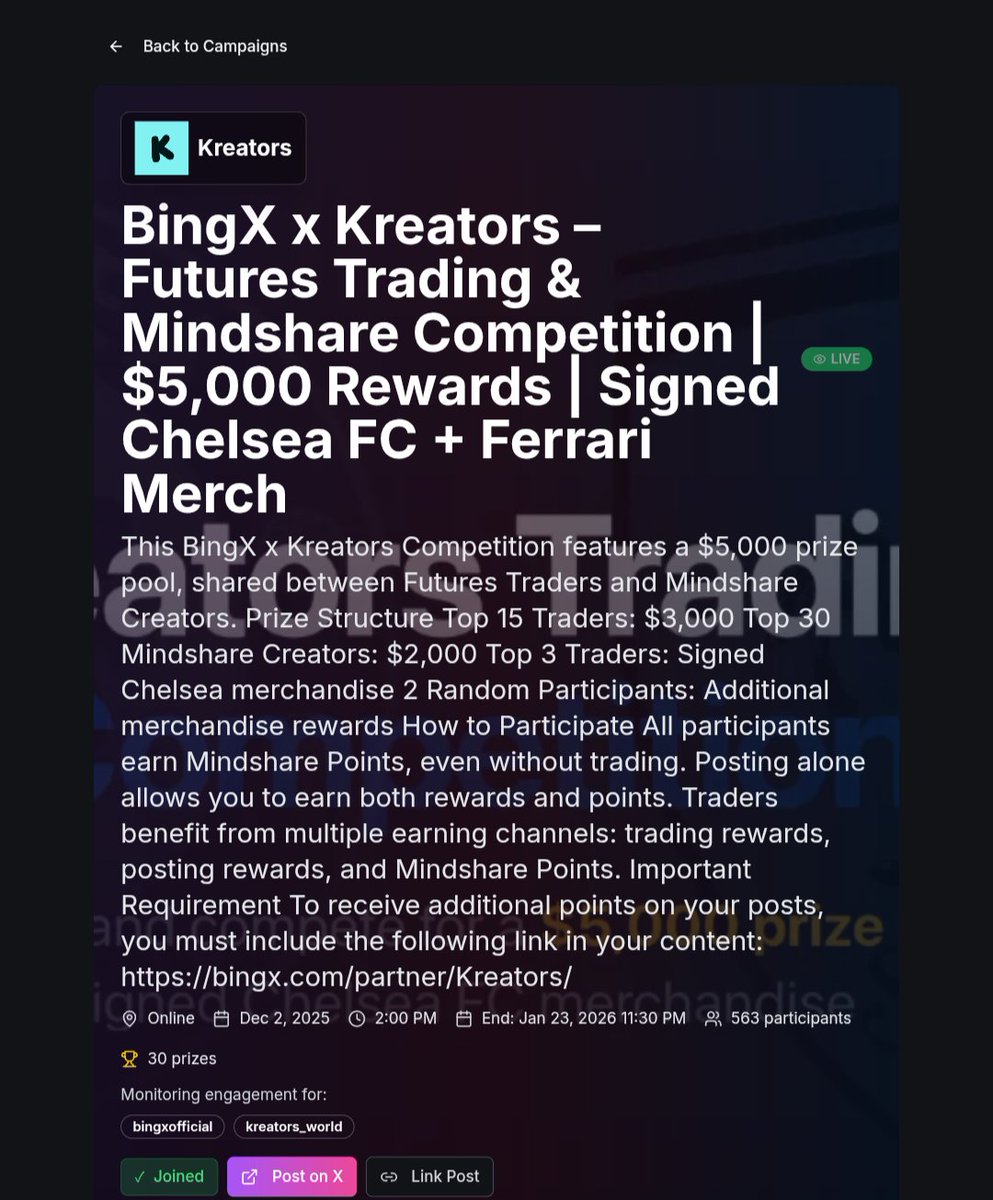 ja33web's tweet image. BingX x Kreators just dropped a massive competition and it’s stacked
$5,000 prize pool up for grabs
Chelsea and Ferrari official merch on the line @BingXOfficial
 @kreators_world Multiple ways to win just by trading or sharing your insights
No complex rules
Trade smart or post…
