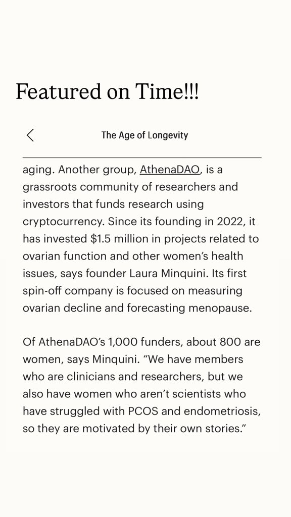AthenaDAO featured in <a href="/TIME/">TIME</a> Magazine’s Longevity Issue

We are honored our novel funding mechanism supporting ovarian aging research and women’s longevity is part of this story

It is a watershed moment as some of the research we funded is moving to next stages of R&amp;D

READ 👇