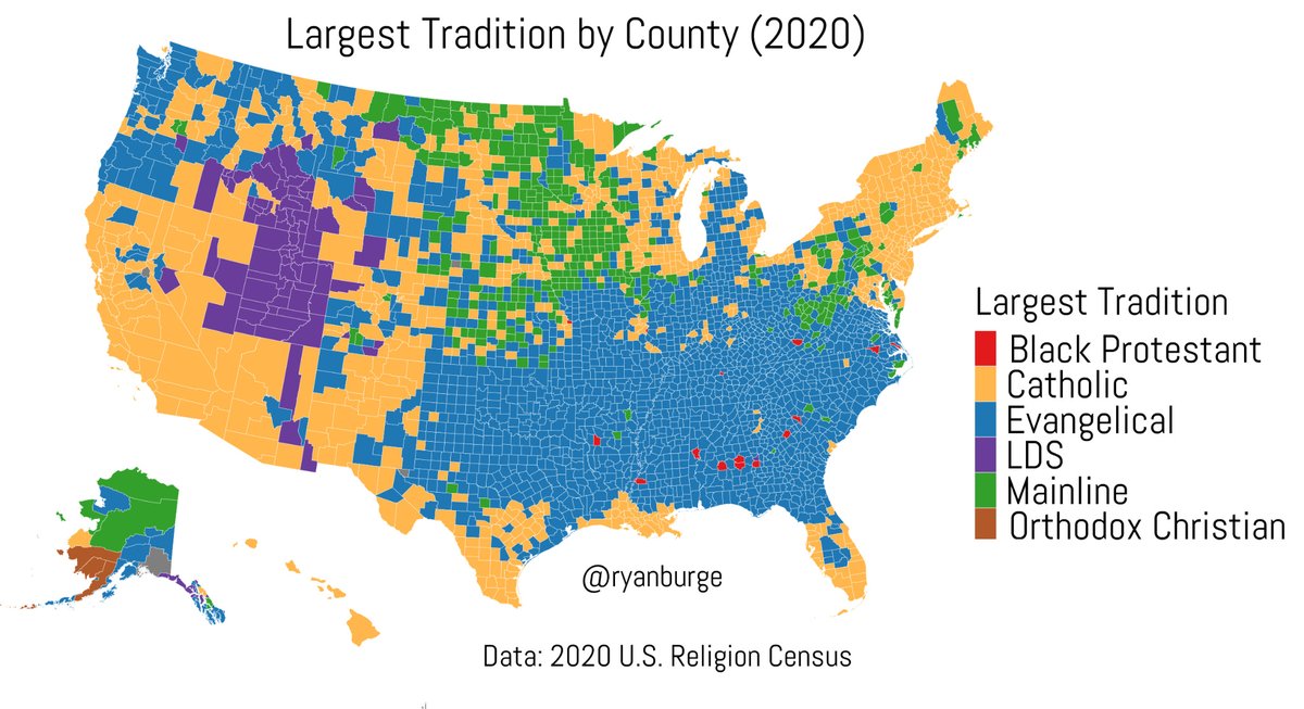 ryanburge's tweet image. The common perception of evangelicalism is that it's a religion of the South, primarily the Bible Belt. 

And that's true. 

But evangelicals dominate most counties in places like Michigan, Ohio, and Oregon as well.