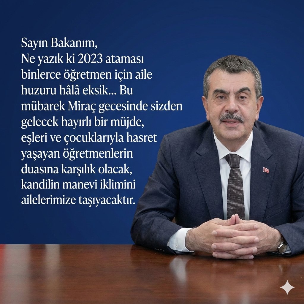 Sayın Bakanımız <a href="/Yusuf__Tekin/">Yusuf Tekin</a>’in Miraç Kandili için dile getirdiği hayır ve huzur temennileri, ailesinden ayrı görev yapan biz 2023 ataması öğretmenlerin yüreğine umut olmuştur.
Ne yazık ki binlerce öğretmen için aile huzuru hâlâ eksik… Bu mübarek gecede Sayın Bakanımızdan