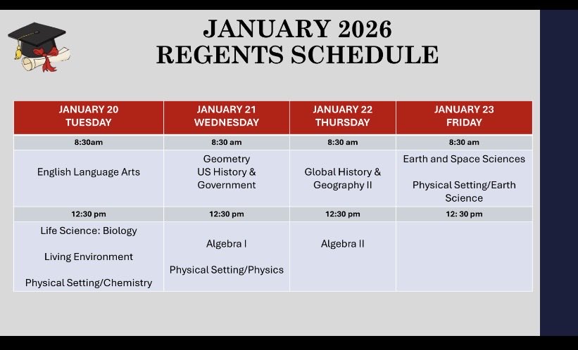 📚✨ January Regents Reminder ✨📚
Students, the January Regents exams are right around the corner! Please be sure to check the official schedule, know your exam dates and times, and plan ahead. Get plenty of rest, eat well, and come prepared💪✏️