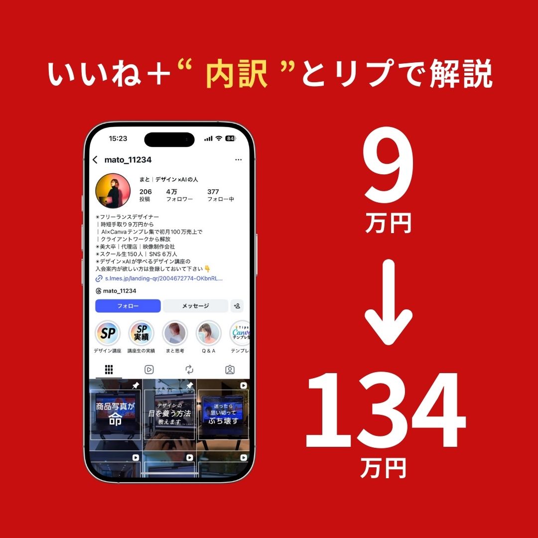 デザイン×AIでフォロワー4万人の僕の講座生。

実はこの人、約3年前までは手取り9万円の会社員やったのに
先月はついにインスタで売上134万円超！

どうやってマネタイズしているか予想してみてください。

この投稿にいいね＋【 内訳 】とコメントした人だけに答え送ります㊙️
