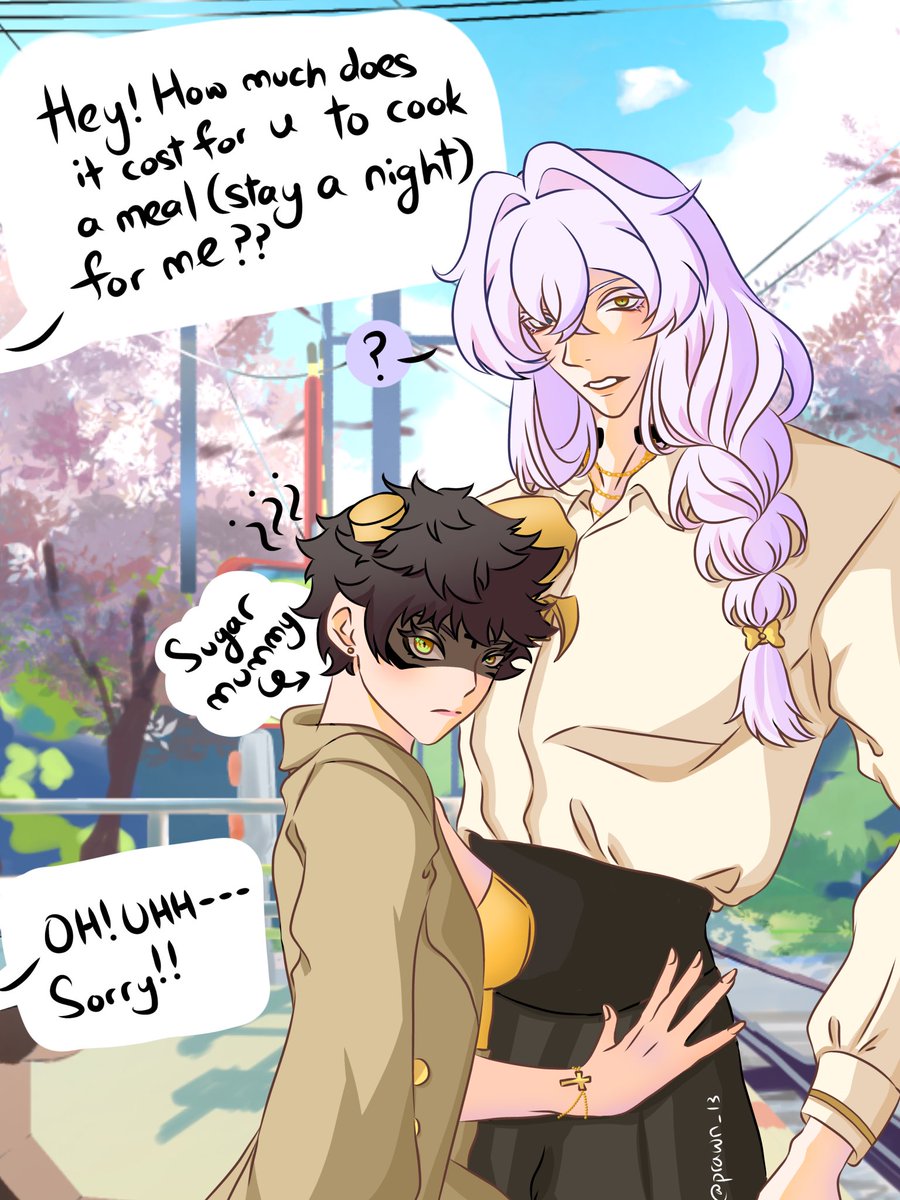 #地獄のどこが悪い  #WHB #whbmammon #whbmc
Gender exchange au 
Sending any invitation to Lennon would be a bad idea.
Lennon will certainly “cook” for u, but first u’ll have to endure his frying pan. Of course, then u’ll already passed out and he will be gone.