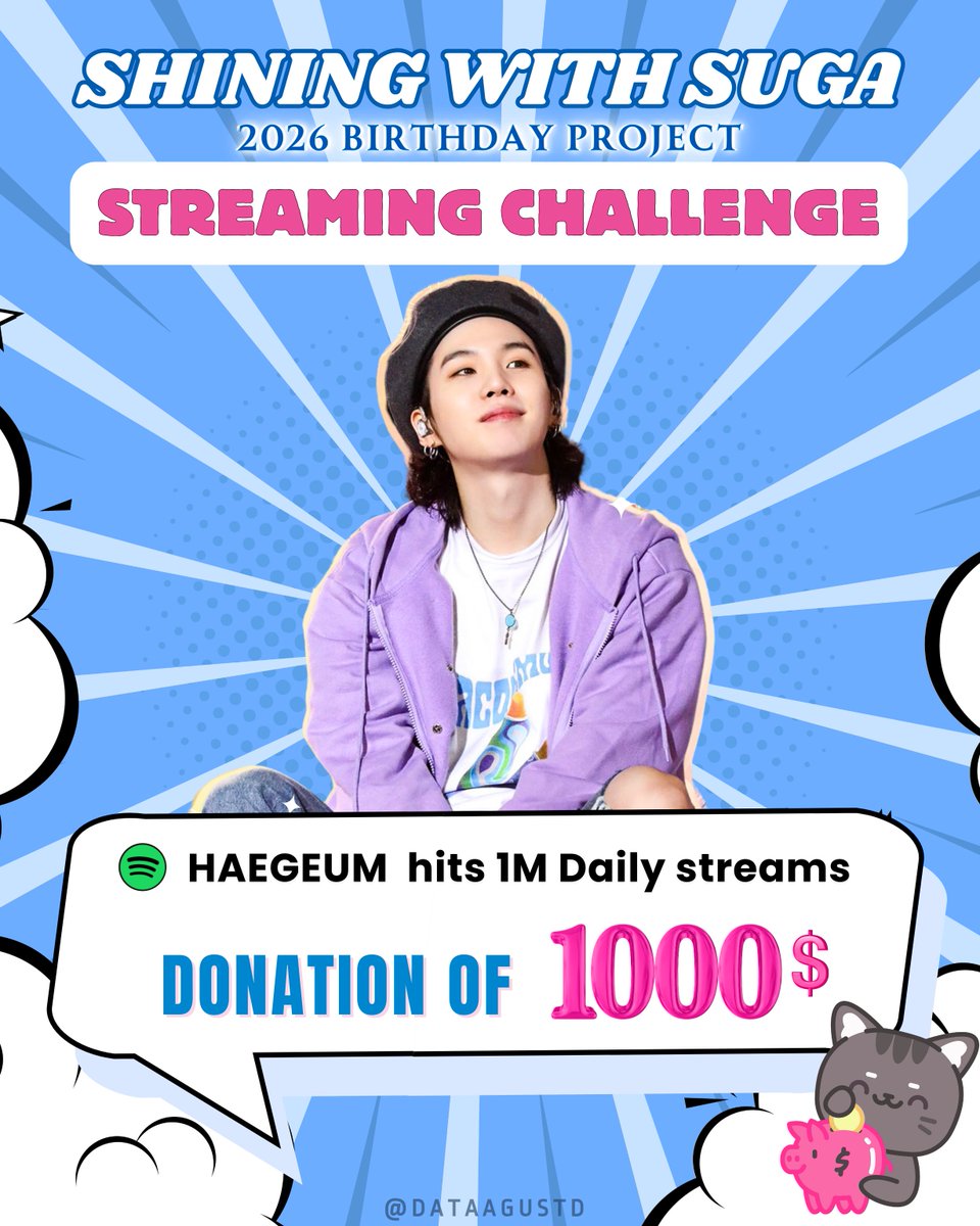 🚨 YOONGI STREAMING CHALLENGE 🚨

An anonymous donor will donate $1000 to SHINING WITH #SUGA birthday project if we hit our goal! 🔥

🎯 Haegeum hits 1M+ daily streams on Spotify 

Please RT to spread the word &amp; join the mission! 🙏

STREAM FOR YOONGI
#HaegeumTo1Billion
#AgustD