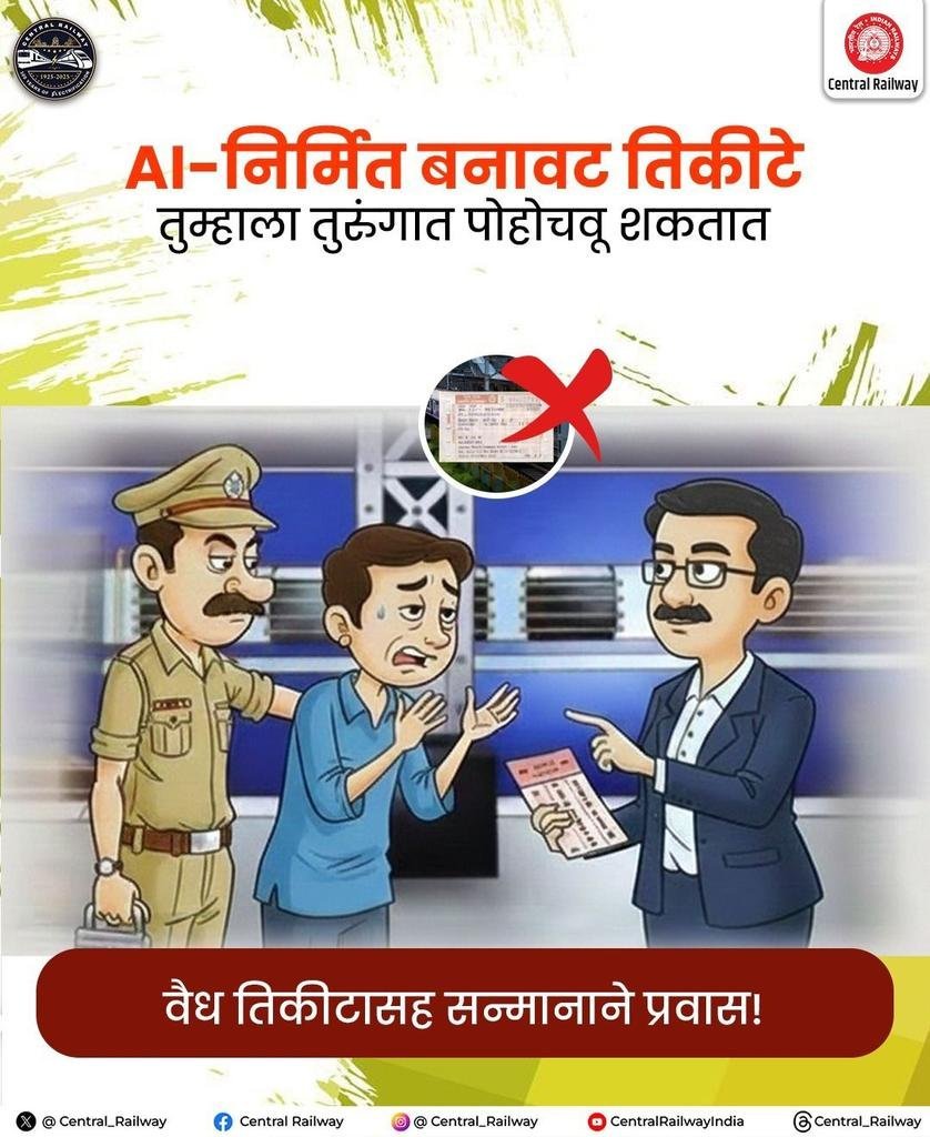drmmumbaicr's tweet photo. AI-निर्मित बनावट तिकीट वापरणे हा कायद्याने गुन्हा आहे. यामुळे कायदेशीर कारवाई होऊ शकते. वैध तिकीट बाळगा आणि नियमांचे पालन करा! #CentralRailway #TravelSafe #ValidTicketOnly #RailwayAwareness #NoFakeTickets #ResponsibleRailYatri https://t.co/oUPmedKU8a