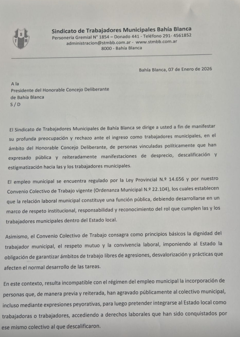 La nota del Sindicato de Municipales dirigida  a la presidente del <a href="/HCD_BahiaBlanca/">HCD Bahía Blanca</a> sobre la designación de <a href="/TomasDellElce/">Tomas</a> y <a href="/diegodecascos/">Diego de Cascos</a>