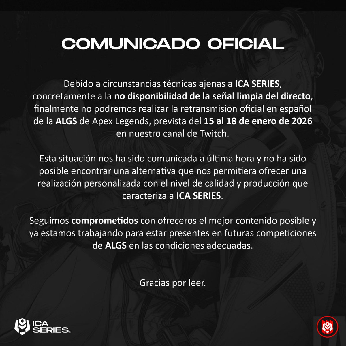 ⚠️COMUNICADO OFICIAL ⚠️

Próximamente sacaremos un nuevo circuito de Ápex Legends 2026.

Os invitamos a seguir las watchpartys hispanas como en el canal de <a href="/ValeKahnn/">Valentina 🍀</a>.

➡️twitch.tv/valekahn⬅️