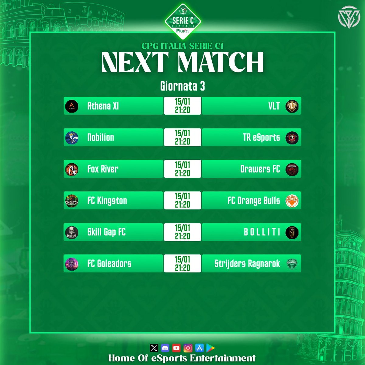 🏆 CPG Italia
⚽️ Serie C
📊 Accoppiamenti
🗓️ Giornata 3

@Fckingston01
<a href="/Malese597505/">Malese</a>
<a href="/FoxRiver10_/">Fox River</a>
<a href="/CormiglioXI/">Venum Esports</a>
<a href="/bollitifoggia/">B O L L I T I</a>
<a href="/DrawersFC/">Drawers FC</a>
<a href="/sTr_RagnarokFC/">𝙎𝙩𝙧𝙞𝙟𝙙𝙚𝙧𝙨 𝙍𝙖𝙜𝙣𝙖𝙧𝙤𝙠</a>
<a href="/VLTproclub/">VLT</a>
<a href="/Athena_EAFC/">Athena XI</a>
<a href="/NobilionEsports/">NobilionEsports</a>
<a href="/Zena_esport/">𝒁𝑬𝑵𝑨 𝑬𝑴𝑷𝑰𝑹𝑬</a>
<a href="/FcOrangeBulls/">FcOrangeBulls</a>