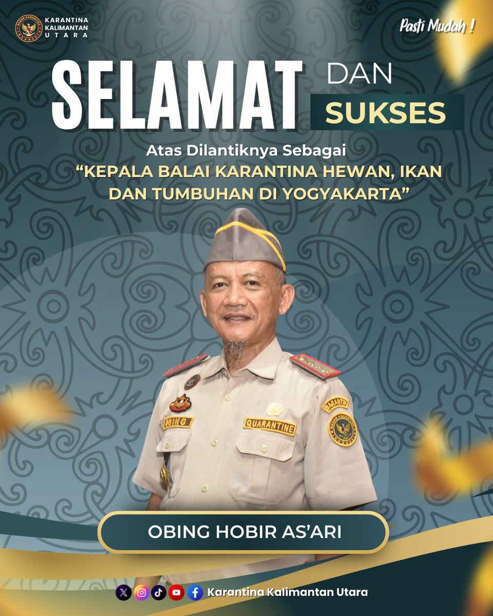 Keluarga besar Karantina Kalimantan Utara mengucapkan selamat dan sukses atas pelantikan Obing Hobir As'ari sebagai Kepala BKHIT DI Yogyakarta. Semoga senantiasa diberi kemudahan dan keberkahan dalam menjalankan tugas. 
#KepalaBalaiKarantina
#KarantinaIndonesia