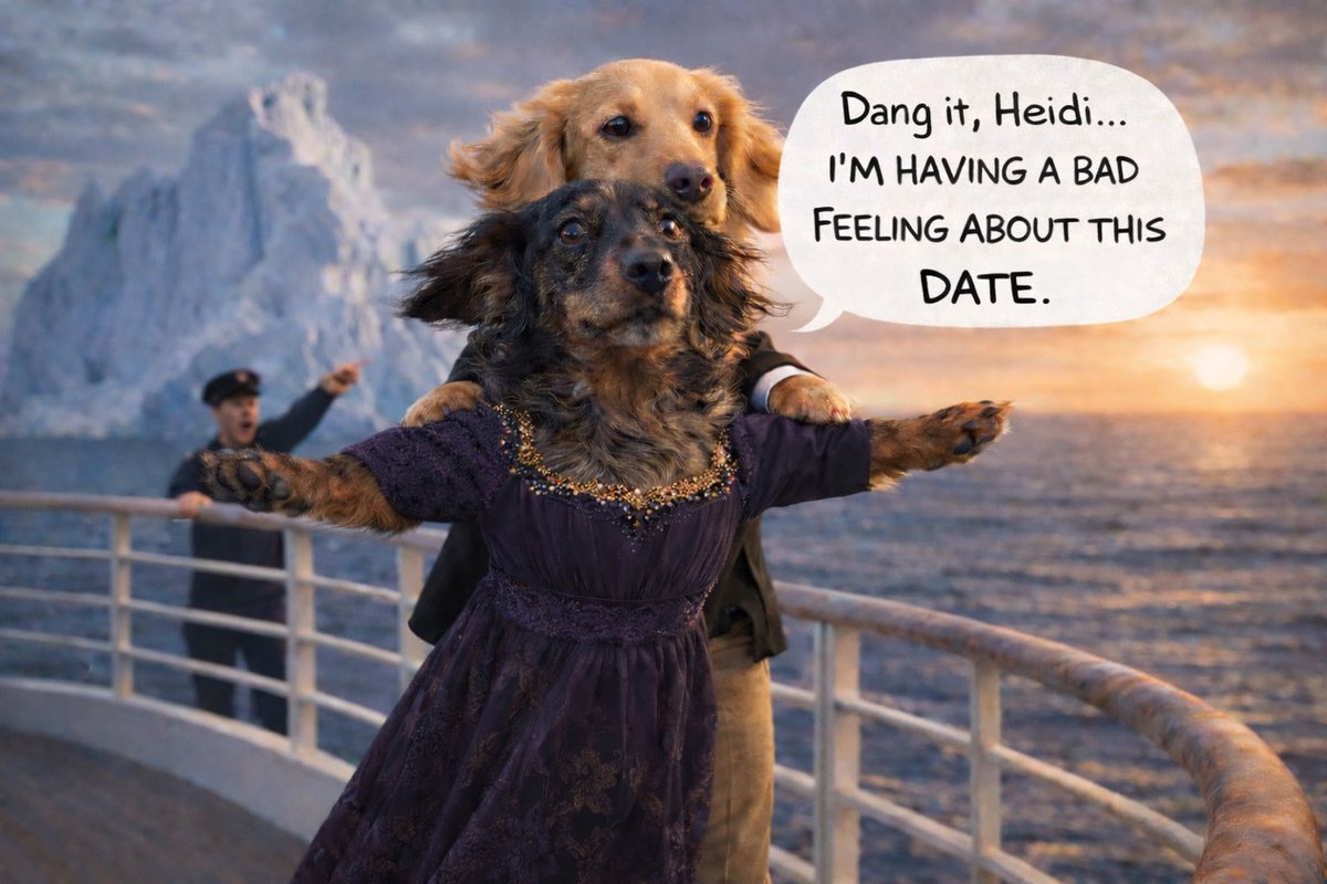 dexterluvsheidi's tweet photo. Ruff day, 18 of Heidi and Dexter‘s greatest adventures! #Titanic #Iceberg #Flying #AIFun #DachshundThrills https://t.co/GOFSIl1Hi3