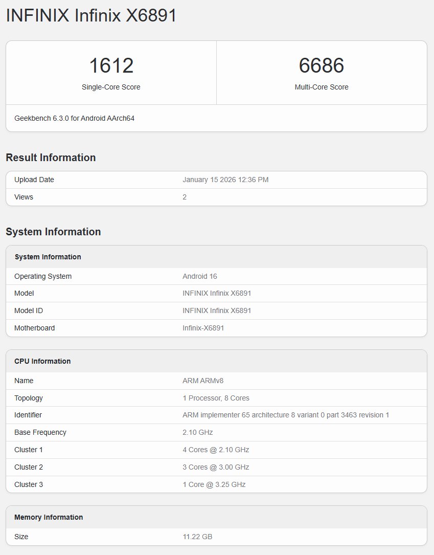 ZionsAnvin's tweet image. Infinix GT 50 Pro (X6891) spotted on Geekbench

- Dimensity 8400 Ultimate
- 12GB RAM
- Android 16

#InfinixGT50Pro #Infinix