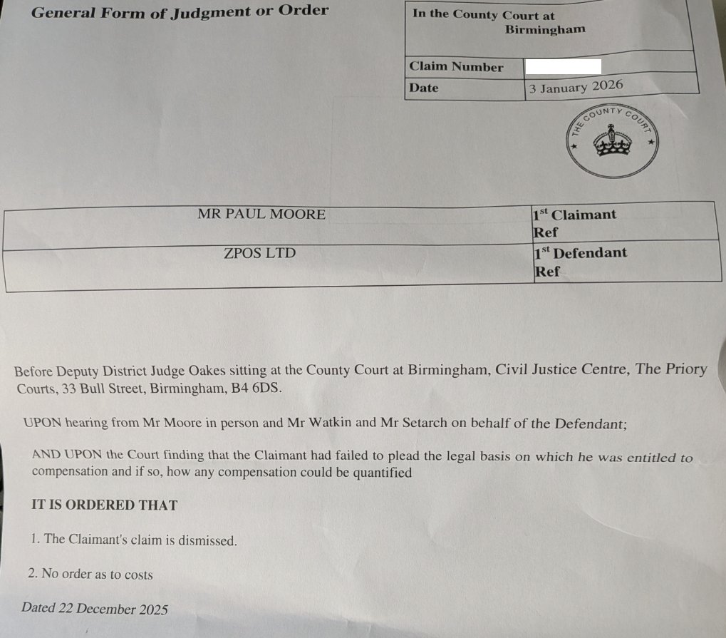Paul_Reviews's tweet photo. Update on the #ZPOS case:
Brief background:
Made dozens of attempts since 2020 to report critical #security concerns to ZPOS, all ignored. A canary died with "someone is attempting to sign in to <redacted> with your ZPOS password". The password is 24 characters long, cryptographically random (from @1password) and never re-used. Then, someone tried to use my card. It was becoming clear that someone knows the password and assumes I reuse them. In order to establish if ZPOS (and/or my account) has been breached, I SAR them.
--
Despite citing sections of #GDPR which outline the right to compensation for breaches of legislation and providing irrefutable proof of each particular of claim, it was dismissed because I couldn't quantify the unquantifiable.
The particulars were:
1) Failure to reply to a legally submitted SAR in time.
Finding: *shrug* - They replied eventually, no tangible loss. No loss, no compensation. Fits with standard "make them whole" rules, but ignores GDPR rights.
2) Only supplying a partial SAR response
Finding: Despite showing proof that data was missing, this too was dismissed.
3) Failure to encrypt the SAR response sent by email, providing everything in a plain excel spreadsheet
Finding: "GDPR/ICO doesn't state it should be encrypted, you can't demonstrate it's been leaked, thus no damages. I don't find their response to be unsafe."
The irony... the court's own email warns that email isn't safe and could be read by anyone.
Ultimately, the defendant sought to & succeeded in benefiting from it's own non-compliance with @ICOnews #GDPR. By failing to supply the evidence I need to bring action, it was held against me.
GDPR rights are only as effect as a court's willingness to apply them. In my case, they were meaningless and the service remains vulnerable. If someone in my position can't enforce their rights, the general public has virtually no chance.
#PHP5 #XSS #SQLi #iDOR #CSP