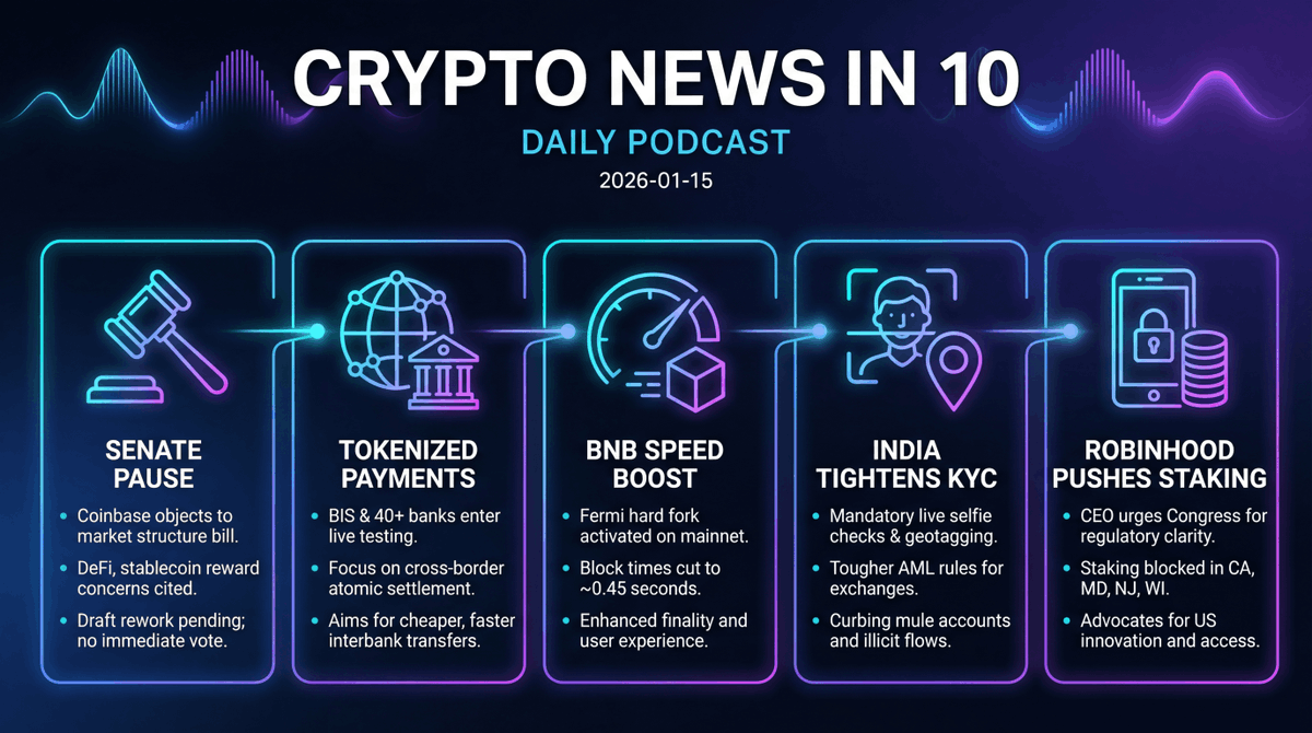 Senate hits pause on the U.S. crypto bill, BIS moves tokenized wholesale  payments into live bank tests, and BNB Chain chops block times to ~0.45s ⚡️  Why it matters for builders and