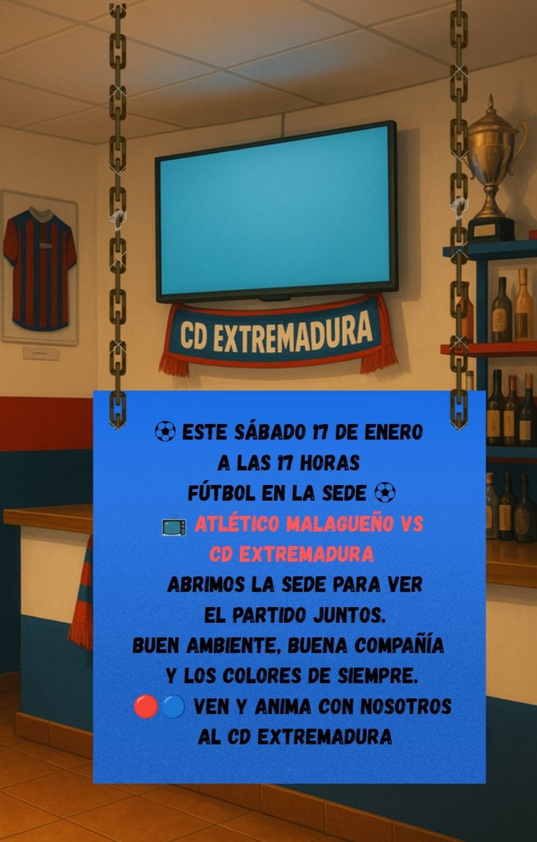 fepecdext's tweet image. Fútbol, amigos y sentimiento 🔴🔵
Este sábado a las 17:00 h abrimos la sede para ver el partido:
⚽ Atlético Malagueño vs CD Extremadura
Buen ambiente y la pasión de siempre.