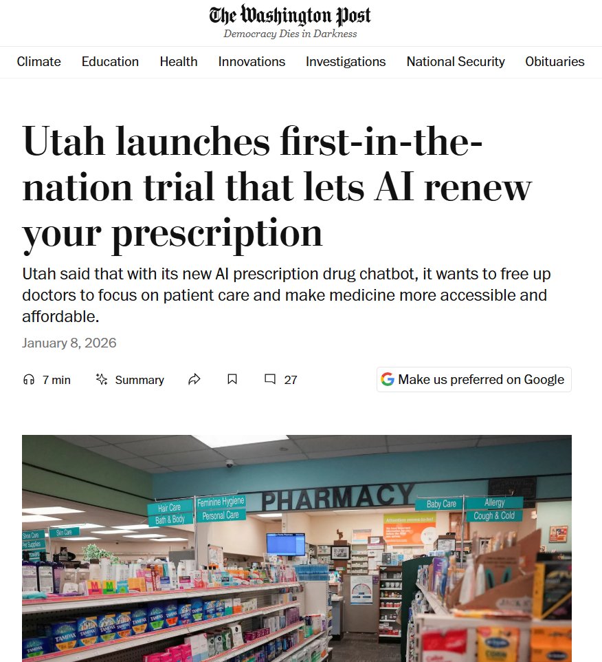 ¡Esto es increíble! En Utah, Estados Unidos, ya se aprobó la primera Inteligencia Artificial que hace recetas médicas sin ningún médico humano controlando.

En el 99,2% de los casos, la IA coincide perfecto con lo que habría hecho un médico de carne y hueso.
Pero lo más loco es