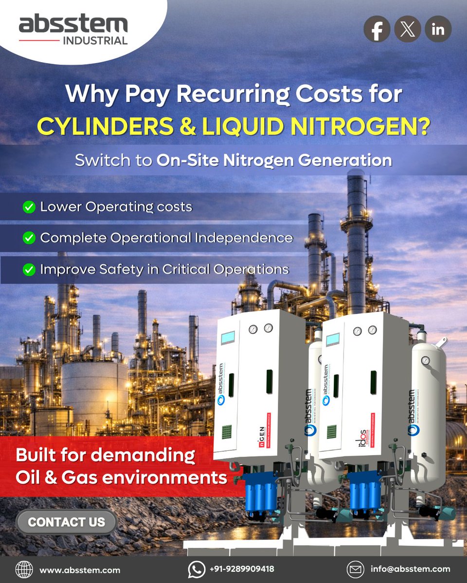 absstem's tweet photo. Switch to on-site nitrogen generation for lower operating expenses, complete independence, and safer, uninterrupted operations—built for demanding oil &amp; gas environments.

we Are #Absstem
Visit Us: https://t.co/4CfLQB4sK6

#OnSiteNitrogen #NitrogenGeneration #IndustrialNitrogen https://t.co/up9mmAzaqK