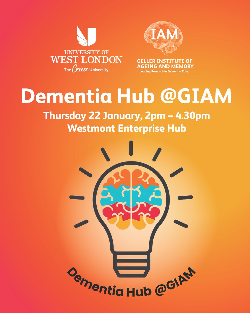 UniWestLondon's tweet image. Join us for the GIAM Dementia Hub for talks on dementia care and independent living, with speakers from LSE and Imperial. 💜🎗️

📅 Thu, 22 Jan, 2–4.30pm
📍 Westmont Enterprise Hub, SMR

Book your place: eventbrite.co.uk/e/dementia-hub…

#DementiaAwareness #UWL #GIAM #HealthAndSocialCare