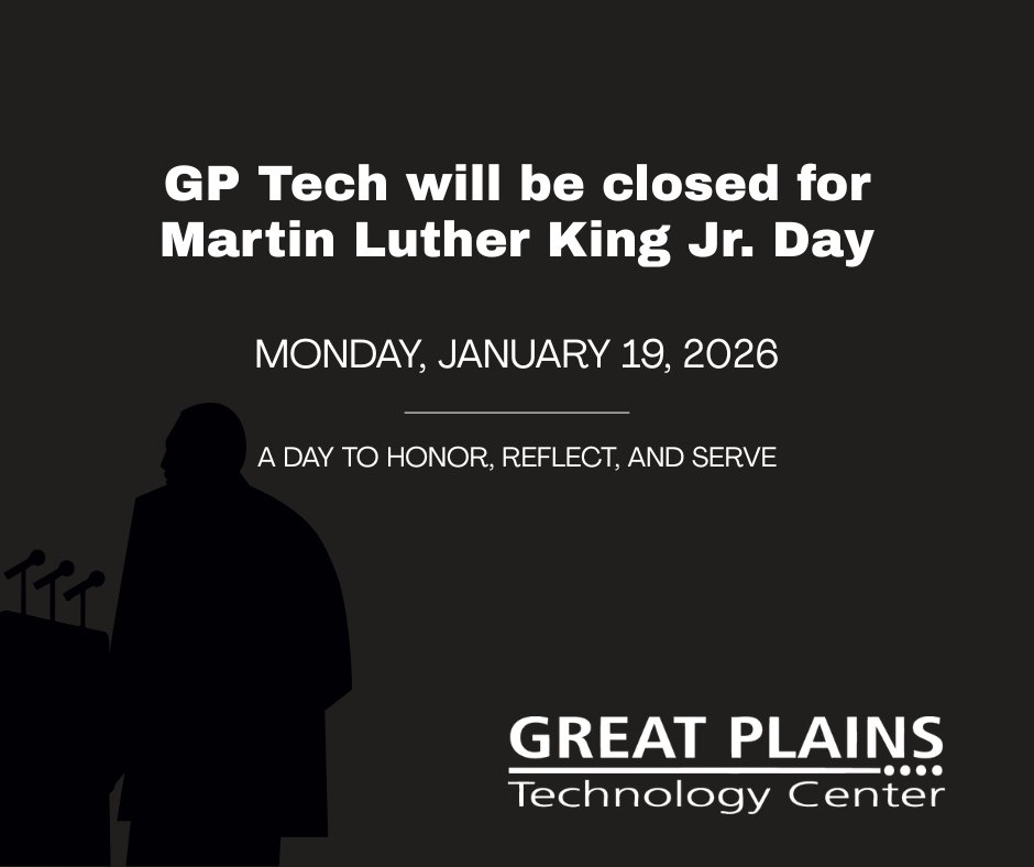 GP Tech will be closed Monday, January 19, 2026 in honor of Martin Luther King, Jr. Day. #GPTech #gptc