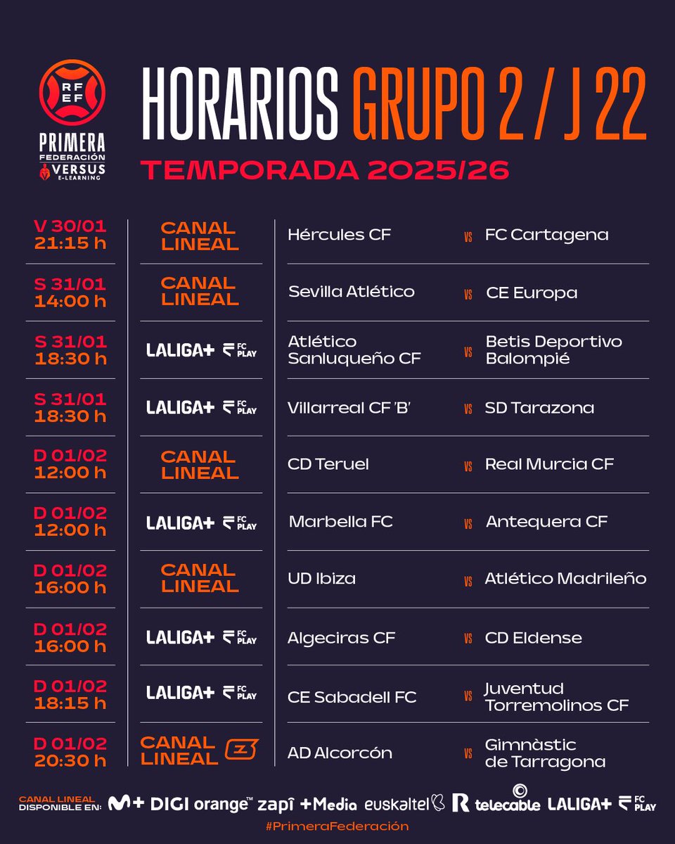 📺 𝗛𝗢𝗥𝗔𝗥𝗜𝗢𝗦 𝗬 𝗧𝗘𝗟𝗘𝗩𝗜𝗦𝗜𝗢𝗡𝗘𝗦 | 𝗝𝗢𝗥𝗡𝗔𝗗𝗔 𝟮𝟮 

#PrimeraFederación | #VersusELearning