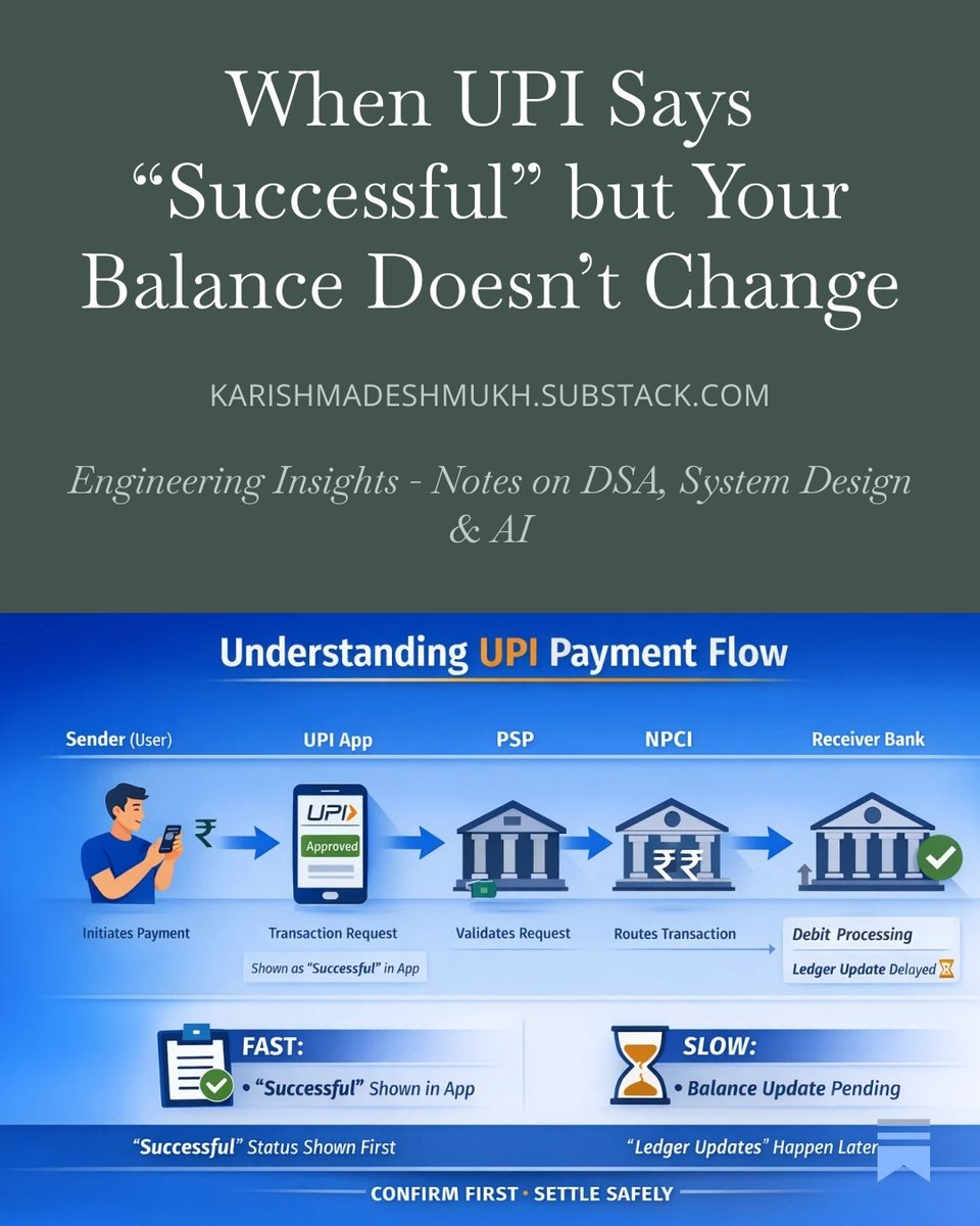KarishmaDesh's tweet photo. Why UPI Transactions Feel Instant - But Aren’t ⚠️ 

💳 Ever noticed this in UPI transactions?
Today, a friend sent me some money. The transaction immediately appeared in my UPI app’s history - but my account balance wasn’t updated even after a few hours.

This reminded me of a similar experience from a few months ago.
I paid my house rent via UPI. The transaction showed as successful, yet the debit was reflected in my bank balance later.

So what’s actually happening behind the scenes? 🤔

The detailed breakdown is published on my Substack newsletter. Click the link below👇

When UPI Says “Successful” but Your Balance Doesn’t Change: https://t.co/9QSVO81grb 
#KarishmaCodes