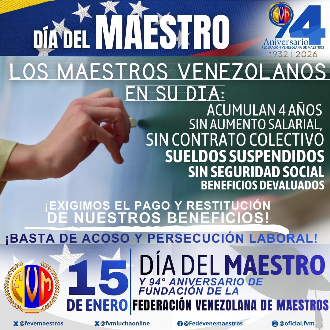 La Federación Venezolana de Maestros conmemora hoy 94 años lucha sindical por los derechos de los maestros a tener un salario digno y beneficios laborales. Hoy como en su inicios seguimos defendiendo  las reivindicaciones obtenidas en las convenciones colectivas.