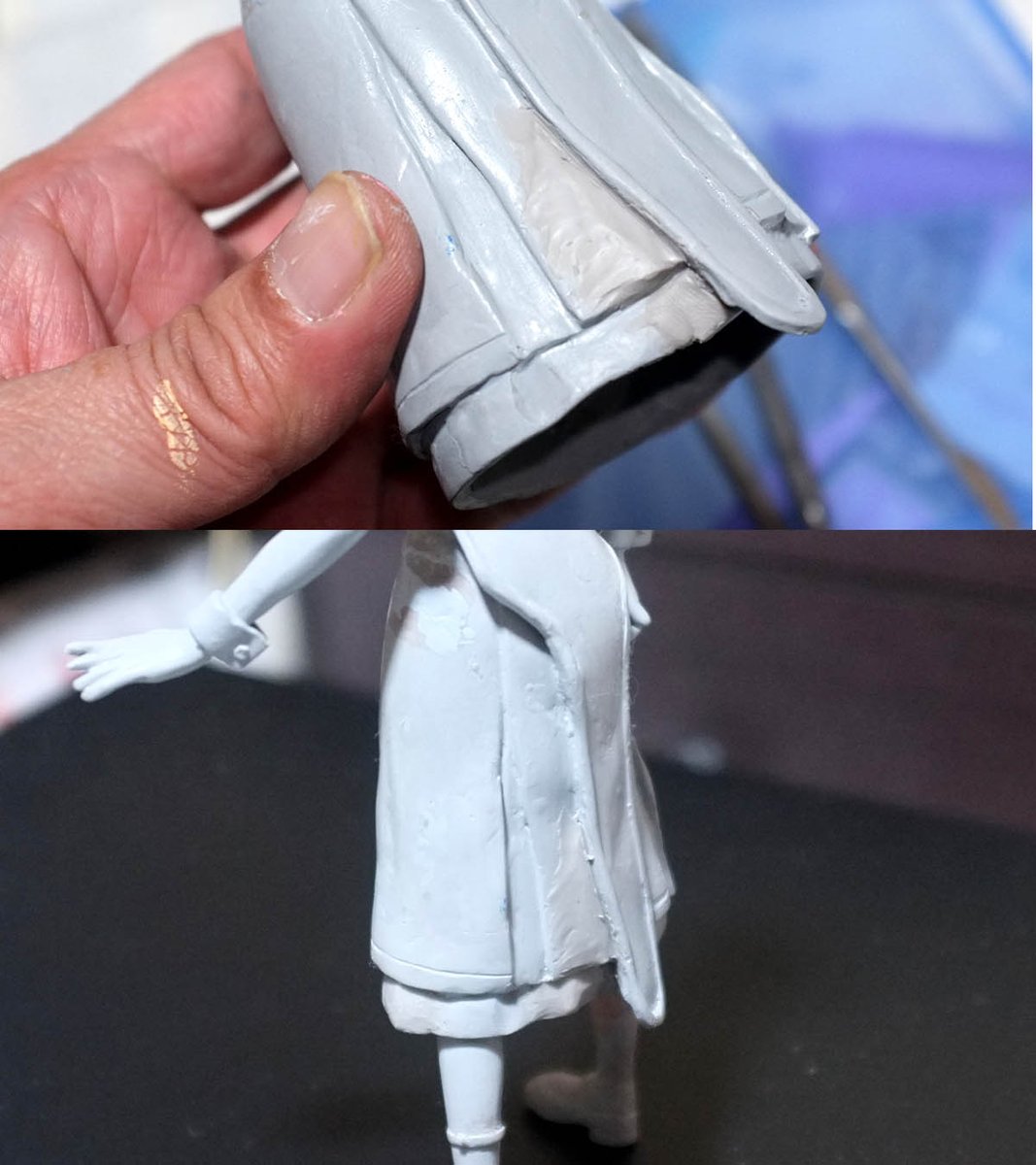 ワンピのスカート部分が前後に狭いので、焼いて、熱いうちに伸ばしてむりくり固定。
後ろ側が裂けてしまって、修正。ついでにいろいろと修正・・・
今日(日付は明日)　26時くらいから放送・みんなで見よう～

#アポカリプスホテル #竹本泉