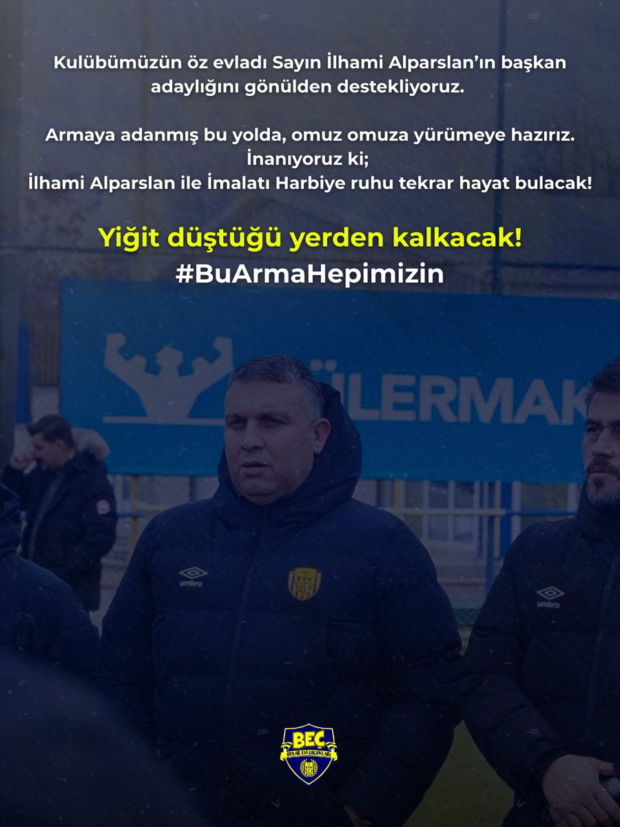 Kulübümüzün öz evladı Sayın İlhami Alparslan’ın başkan adaylığını gönülden destekliyoruz. 

Armaya adanmış bu yolda, omuz omuza yürümeye hazırız. İnanıyoruz ki; İlhami Alparslan ile İmalatı Harbiye ruhu tekrar hayat bulacak!

​Yiğit düştüğü yerden kalkacak!
#BuArmaHepimizin