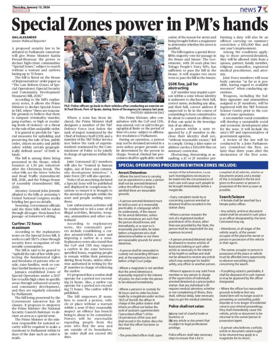 A proposed security law to be debated in Parliament tomorrow will give Prime Minister Kamla Persad-Bissessar the power to declare high-crime communities “Special Zones,” subject to search without a warrant and curfews lasting up to 72 hours.

guardian.co.tt/news/special-z…