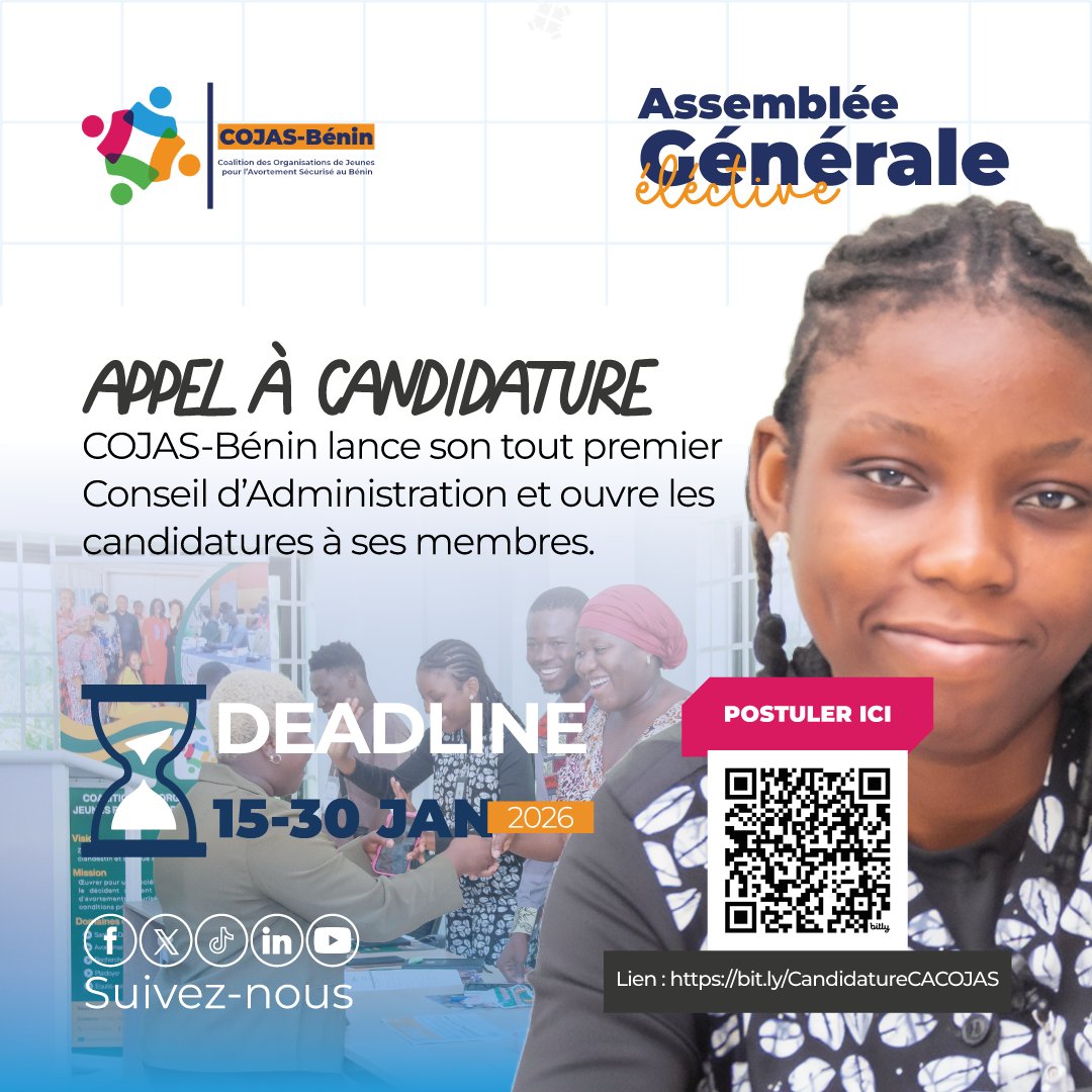 APPEL À CANDIDATURE

COJAS-Bénin lance son tout premier Conseil d’Administration et ouvre les candidatures à ses membres.

Du 15 au 30 janv. 2026
bit.ly/CandidatureCAC…