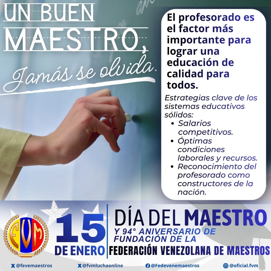 El maestro es el actor más importante del sistema educativo. Sin maestros no hay escuela. Salarios suficientes, condiciones laborales dignas, entre otros son indicadores  de calidad educativa. La educación es el instrumento primordial de construcción y desarrollo social.