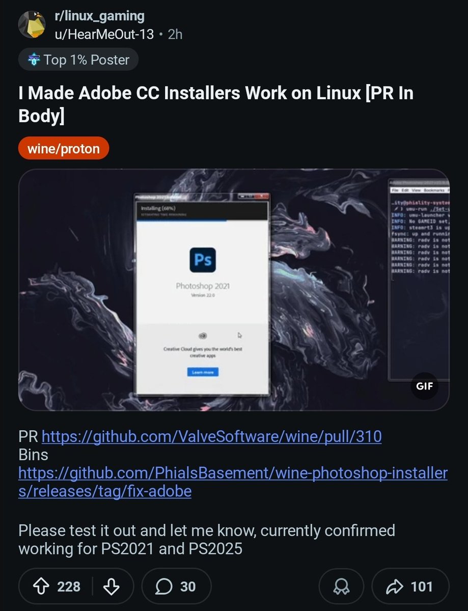 Apparently this Reddit user patched Wine and was able to get Adobe Photoshop 2025 working on Linux...