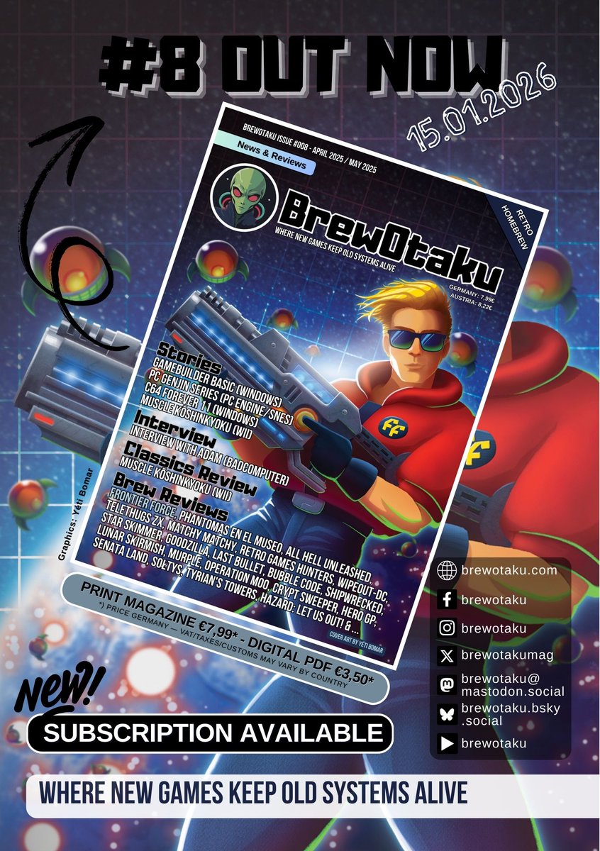 brewotakumag's tweet image. 🕹️ #BrewOtaku #008 is here! 🖨️⚙️ Featuring Frontier Force for the SEGA Master System 🌌🔫 &amp;amp; an interview with @badcomputer0 🎙️👨‍💻, plus plenty of homebrew news 📰👾. Print copies are on the way to subscribers! 📦🚚📮

#printmagazine #homebrew #games #retro