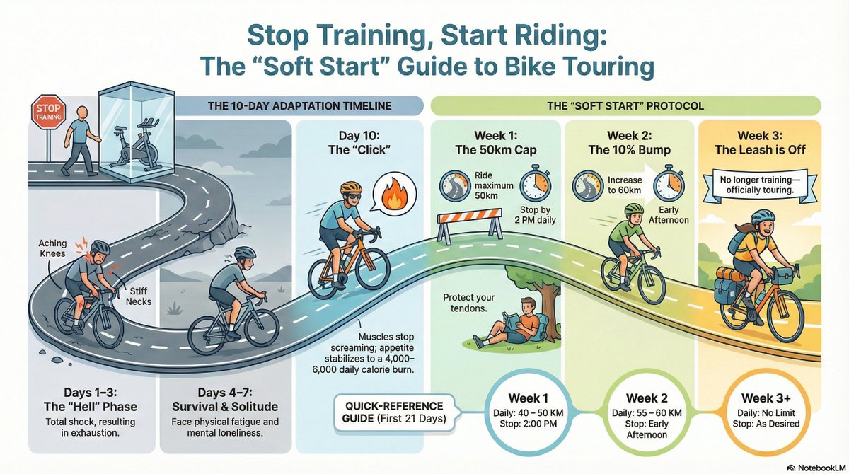Unpopular opinion: Most "training" for bike touring is just procrastination in spandex.  

Your body adapts in 10 days on the road. Your basement trainer will never teach you to sit with discomfort, loneliness, or three straight days of rain.  
There is no such thing as ready.