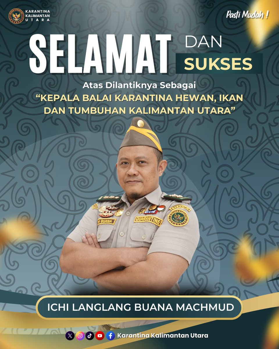 Selamat dan sukses atas dilantiknya Ichi Langlang Buana Machmud sebagai Kepala Balai Karantina Hewan, Ikan dan Tumbuhan Kalimantan Utara. Selamat datang di keluarga besar Karantina Kalimantan Utara. 

#Pelantikan
#KepalaBalaiKarantina
#KarantinaIndonesia
#BadanKarantinaIndonesia