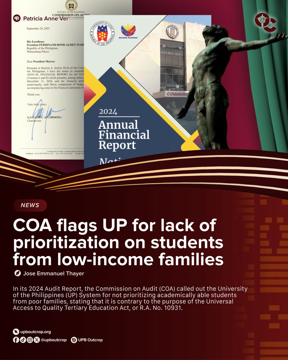 upboutcrop's tweet photo. NEWS | COA flags UP for lack of prioritization on students from low-income families

In its 2024 Audit Report, the Commission on Audit (COA) called out the University of the Philippines (UP) System for not prioritizing academically able students from poor families, (1/2) https://t.co/YFztHUxQg2