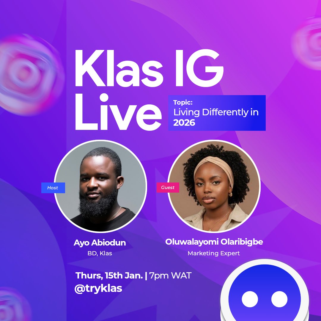 We’re going LIVE on Instagram TONIGHT!!!
🚀
Join us as we dive into the Topic: Living Differently in 2026
📅 Thurs, 15th January 
⏰ 7pm WAT
🎙️ Guest: <a href="/layo_fierce/">Global_Layo</a> 
👥 Host: @ayoabiodunoflagos 
Don’t miss out, turn on reminders! 🔔
@tryklas 

#TeachWithKlas #ProSetup