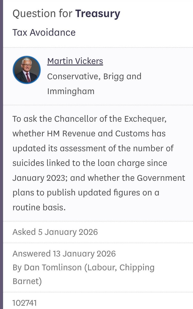 "HMRC does not currently have arrangements in place to routinely publish these (#LoanChargeSuicides) figures."

Why not <a href="/Dan4Barnet/">Dan Tomlinson MP</a>, such an easy task? 

Thank you <a href="/MartinVickers/">Martin Vickers</a> for raising question.