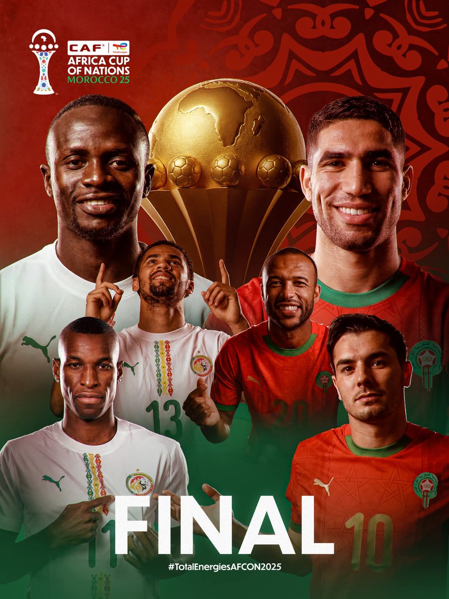 samuraesto's tweet photo. Morocco booked their place at the 2025 TotalEnergies  Africa Cup of Nations final after a tense semi-final match against Nigeria, which they won 4-2 on penalties following a goalless draw after 120 minutes. They will now face Senegal in the final on Sunday. https://t.co/X6g7bqAbz6