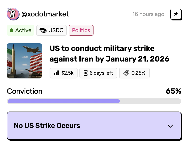 Political topics are highly relevant today, and @xodomarket brings them to the market. 
A new event is live: ‘US to conduct a military strike against Iran by January 21, 2026.’ 
<a href="/madscientists_x/">Mad Scientists 🧪</a>  are betting NO. 
What’s your view on this?
<a href="/AiraaAgent/">Airaa HQ 🌸</a> #conviction