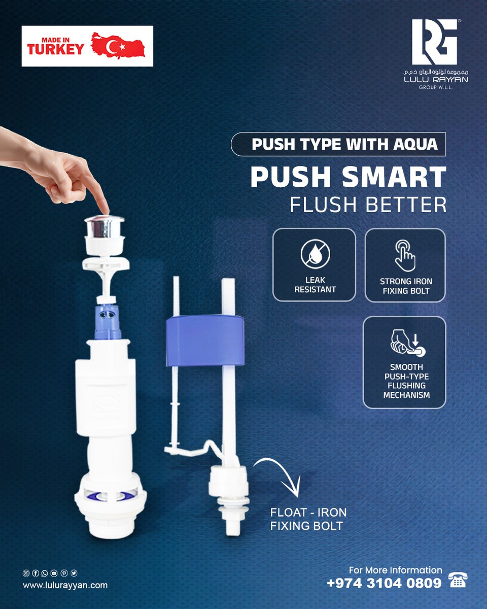 Upgrade your flushing system with efficient performance 🚽✨ Designed for smooth operation and long-lasting reliability.

🌀Push Type With Aqua Float - Iron Fixing Bolt

🔶Leak-resistance
🔶Smooth push-type flushing mechanism
🔶Strong iron fixing boltdeInTurkey

#LuluRayyanGroup