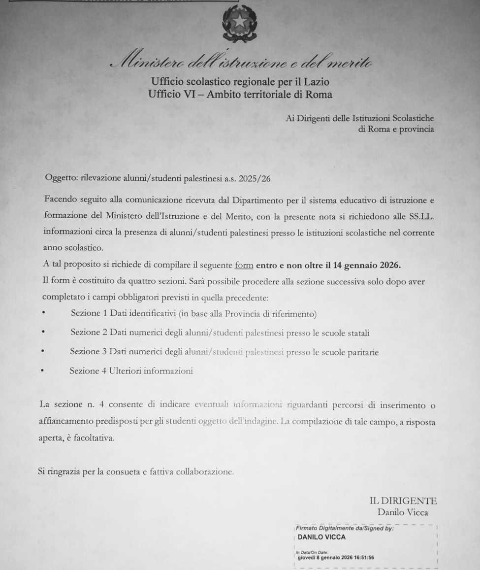 usbsindacato's tweet image. +++ATTENZIONE URGENTE+++ 
Il Ministero dell'Istruzione e l'USR Lazio propongono  una schedatura su base etnica e nazionale, degli alunni palestinesi, all’interno della scuola  pubblica statale.
Perchè?

scuola.usb.it/leggi-notizia/…