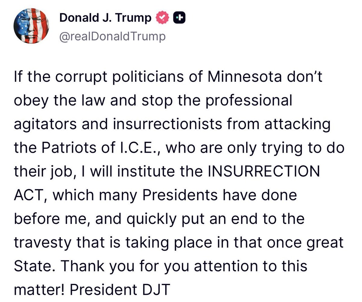 Phil_Lewis_'s tweet image. MINNEAPOLIS (AP) — Trump threatens to use the Insurrection Act, allowing him to deploy troops, to 'put an end' to protests in Minneapolis.