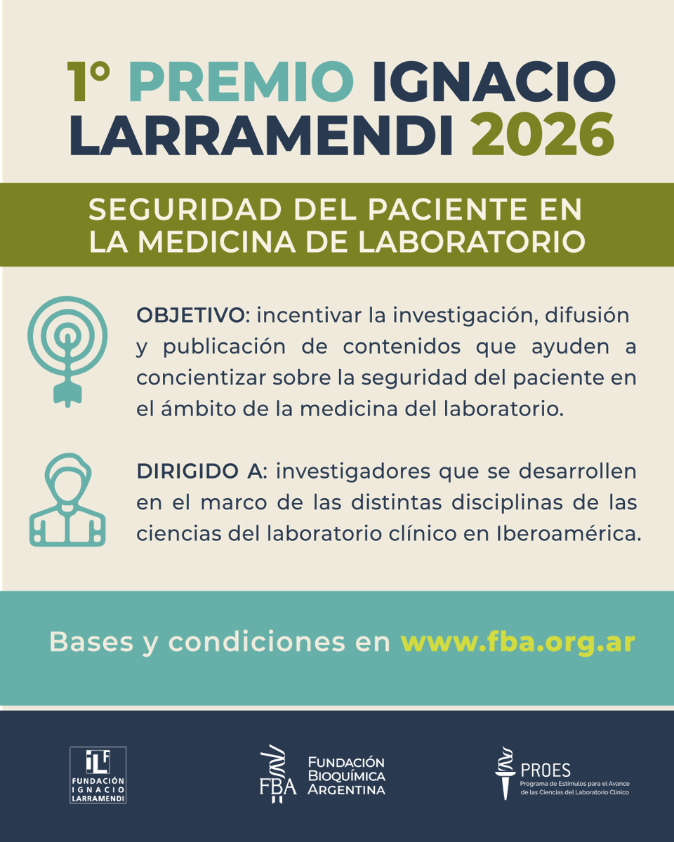 fbioquimicaarg's tweet photo. ¡Abrimos la convocatoria al Primer Premio Ignacio Larramendi de Seguridad del Paciente! 📣
Junto a la @filarramendi otorgamos este premio que incentiva la difusión y publicación de contenidos que concienticen sobre la seguridad del paciente en la medicina del laboratorio. https://t.co/ZGsL0rLzUE