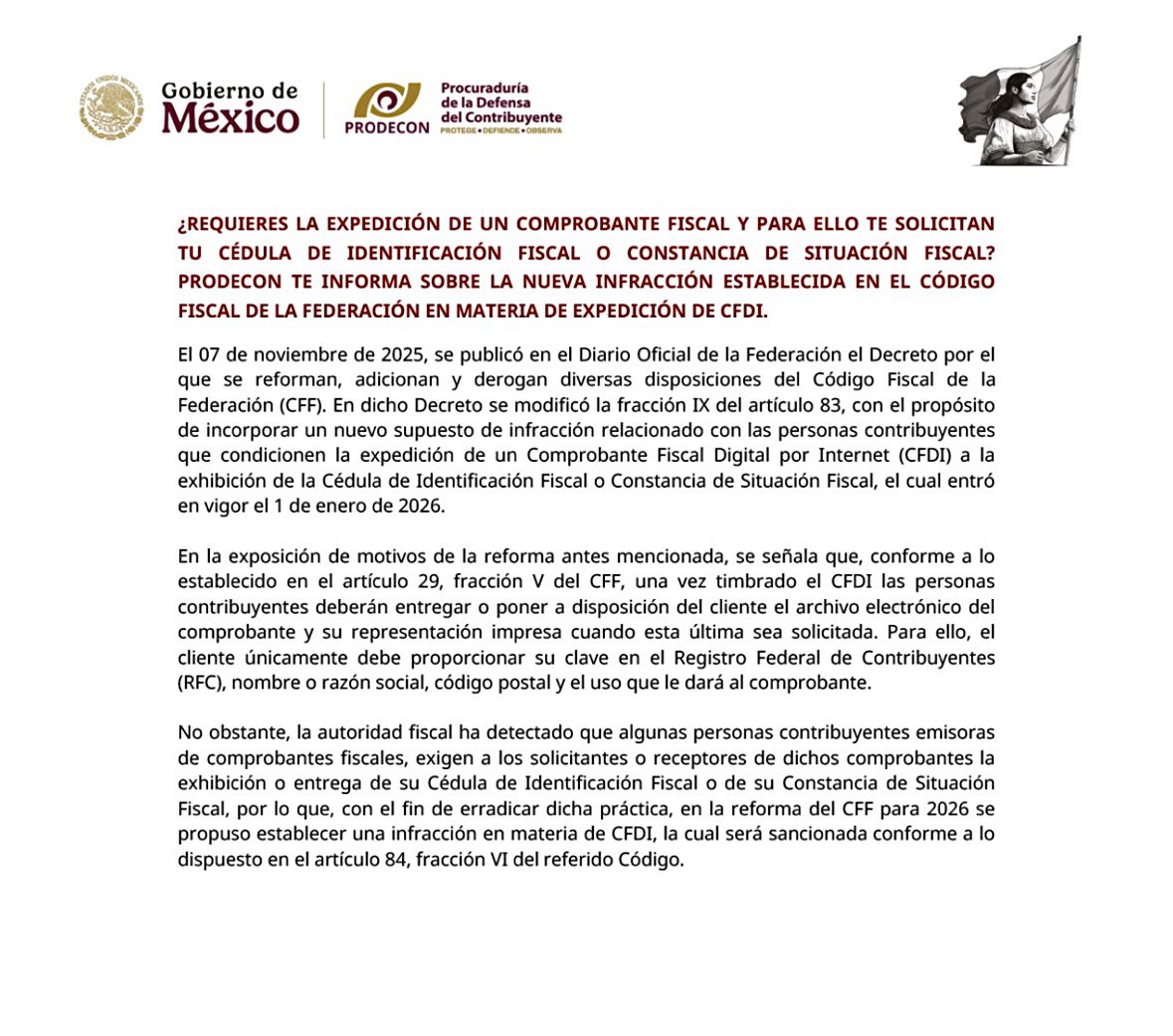 🚨Atención🚨

Desde el 1 de enero de 2026 ya es infracción fiscal que un negocio te condicione la factura (CFDI) a que les entregues o exhibas tu Constancia de Situación Fiscal (CSF) o tu Cédula de Identificación Fiscal.

Artículo 83 fracc. IX del Código Fiscal de la Federación.