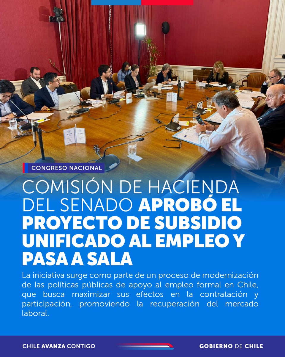 MintrabChile's tweet photo. 📈Avanza el proyecto de ley del Subsidio Unificado al Empleo, luego de aprobarse en Comisión de Hacienda del Senado pasando a Sala. El proyecto busca promover la eficiencia del gasto público, ampliar la cobertura y facilitar el acceso a los apoyos estatales para trabajadores y empleadores.